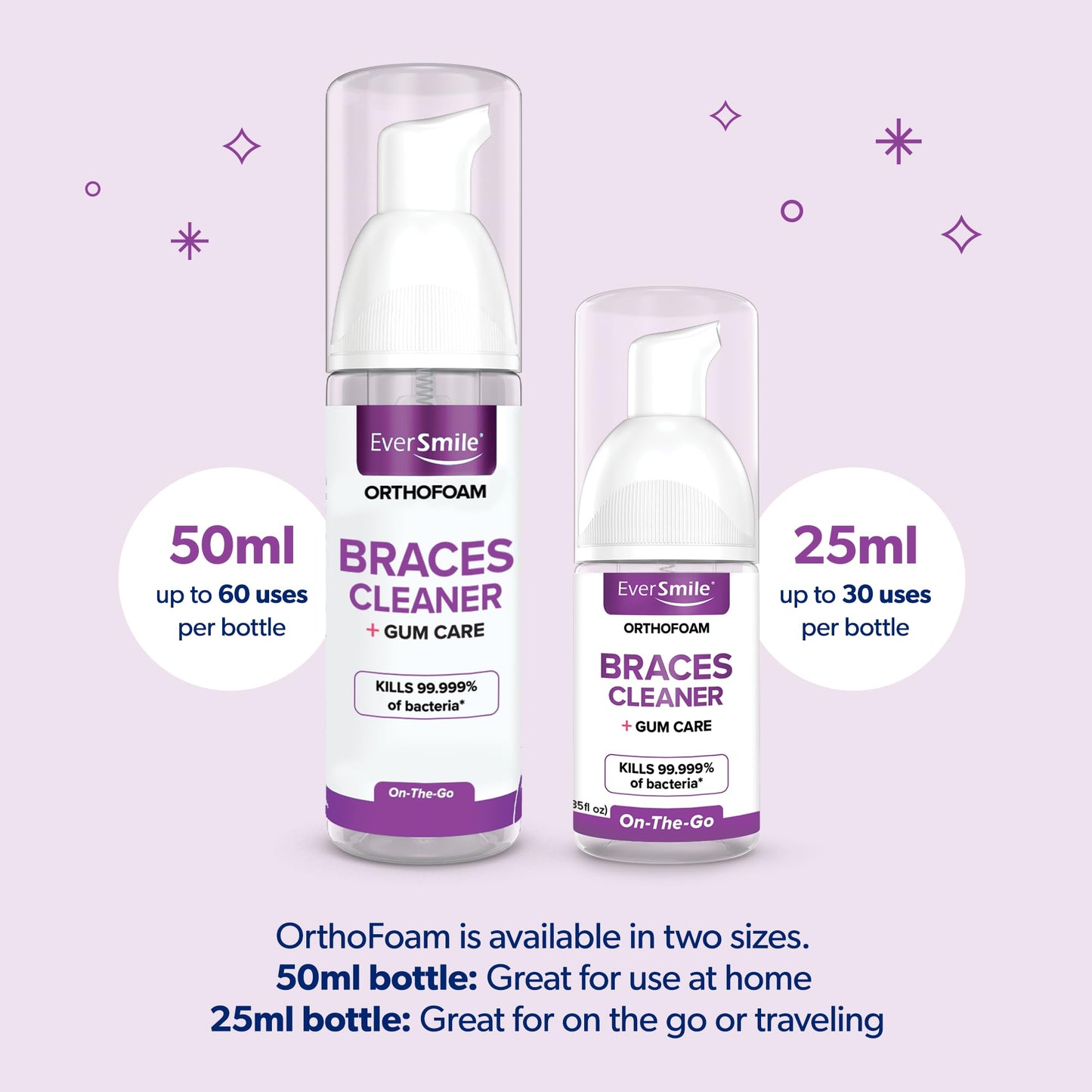 EverSmile OrthoFoam Braces Cleaner — Brushable Foam Whitens Teeth, Eliminates Bacteria, Fights Plaque and Bad Breath – Cleans Under Metal, Ceramic, Clear Brackets and Wires – 50ml