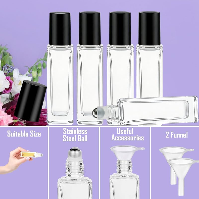 Black 25 Pcs 10 ml Square Glass Roller Bottles for Essential Oils with Funnels