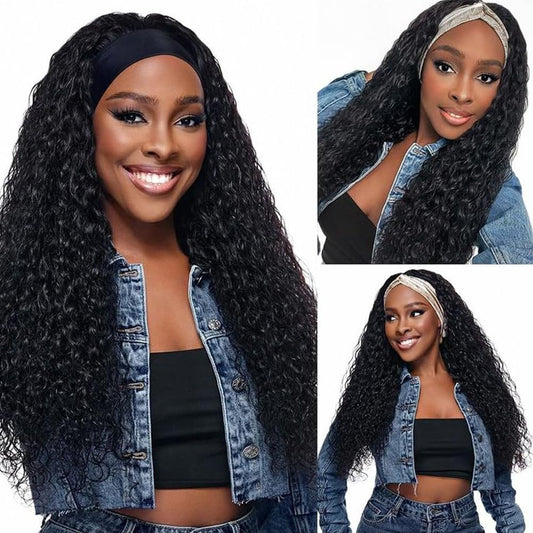 Headband Wig Human Hair Deep Wave 20 Inch Glueless None Lace Front Deep Curly Wig Brazilian Virgin Hair Wear and Go Wigs for Black Women 180% Density Machine Made Headband Half Wigs Natural Color