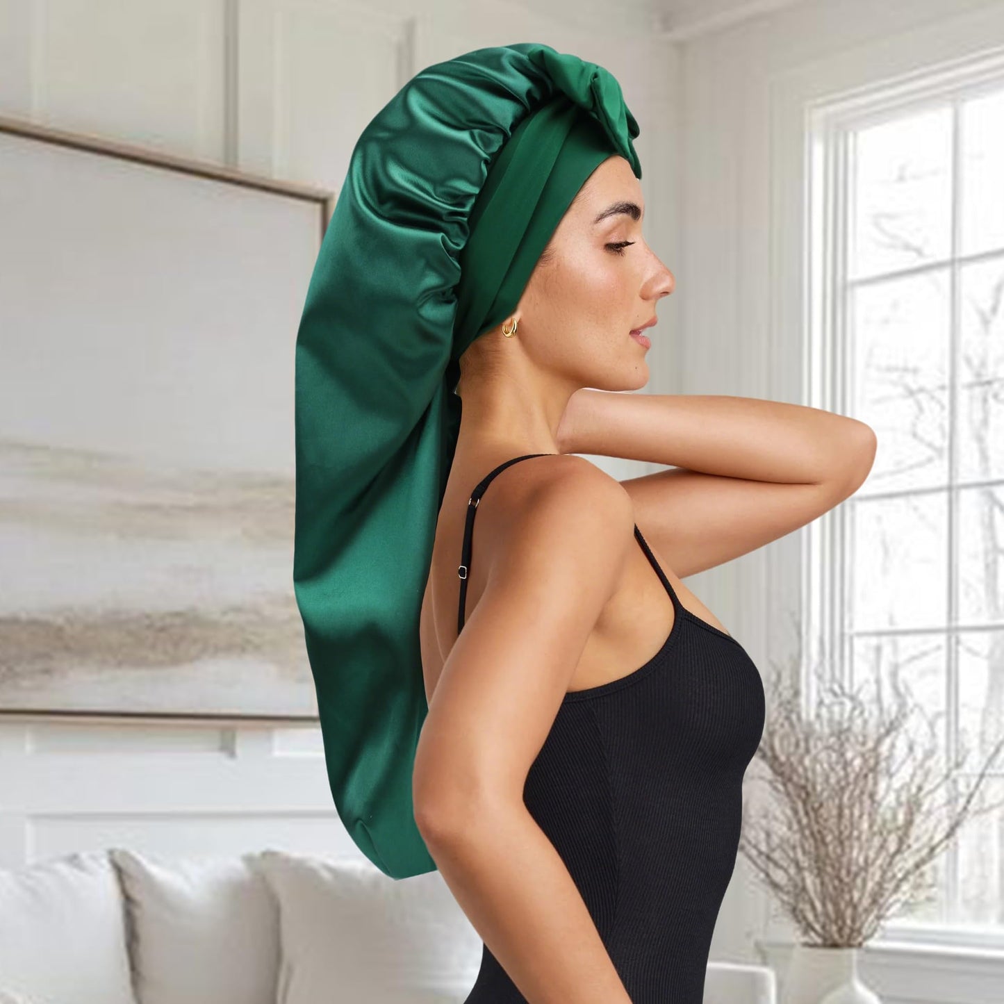 Bonnet for Braids, Double Sided Long Braid Bonnets for Black Women, Satin Silk Hair Bonnet for Sleeping Long Hair Sleep Cap with Tie Band - Hunter Green