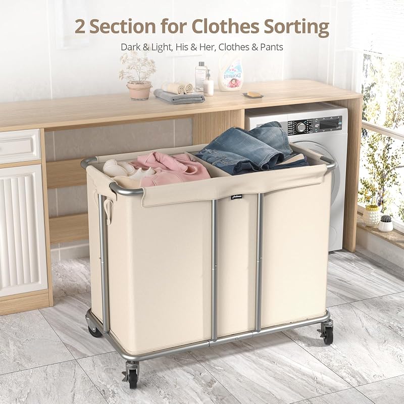 2-Section Rolling Laundry Hamper with Wheels, Beige 31.5" x 15.75" x 30.7"