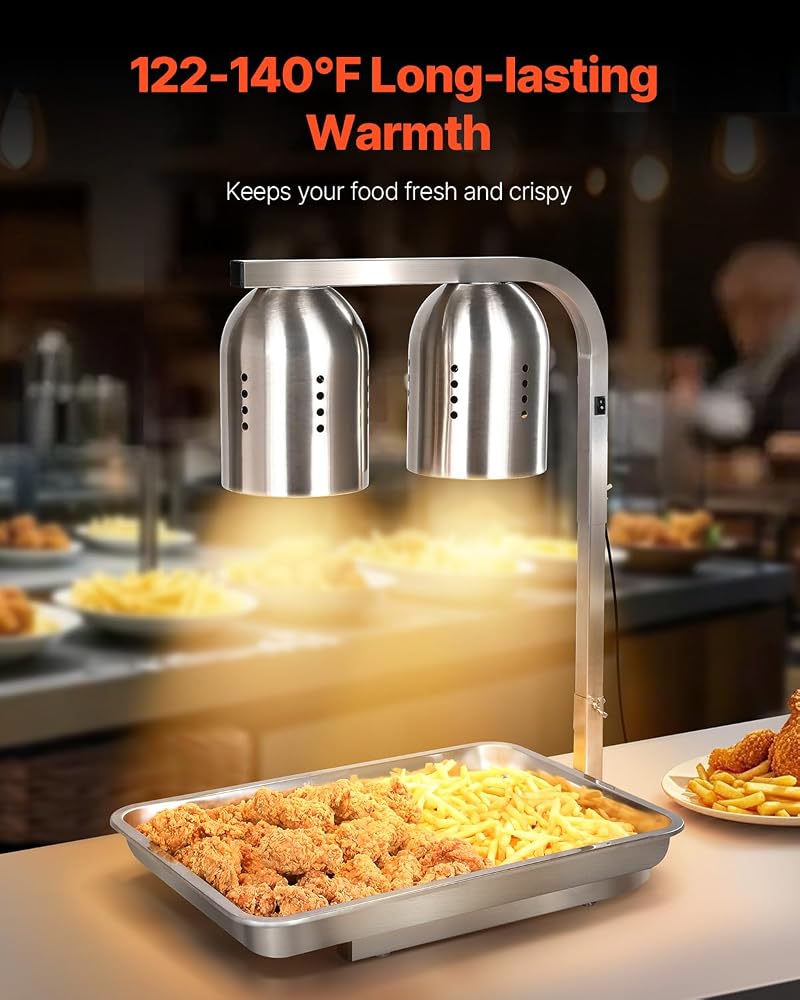 VEVOR Food Heat Lamp – 500W, 2x250W Infrared Bulbs, Free-Standing Stainless Steel Warmer