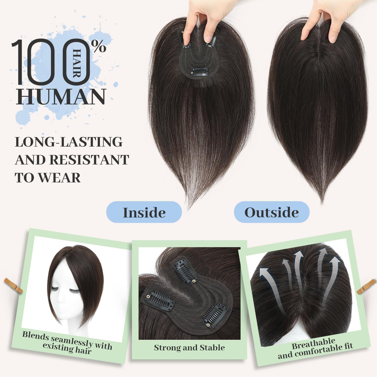 SEA SINGING Hair Toppers for Women Real Human Hair Upgrade Swiss Base Hand-Tied Invisible 10 Inch Toppers Hair Pieces for Women(2#)