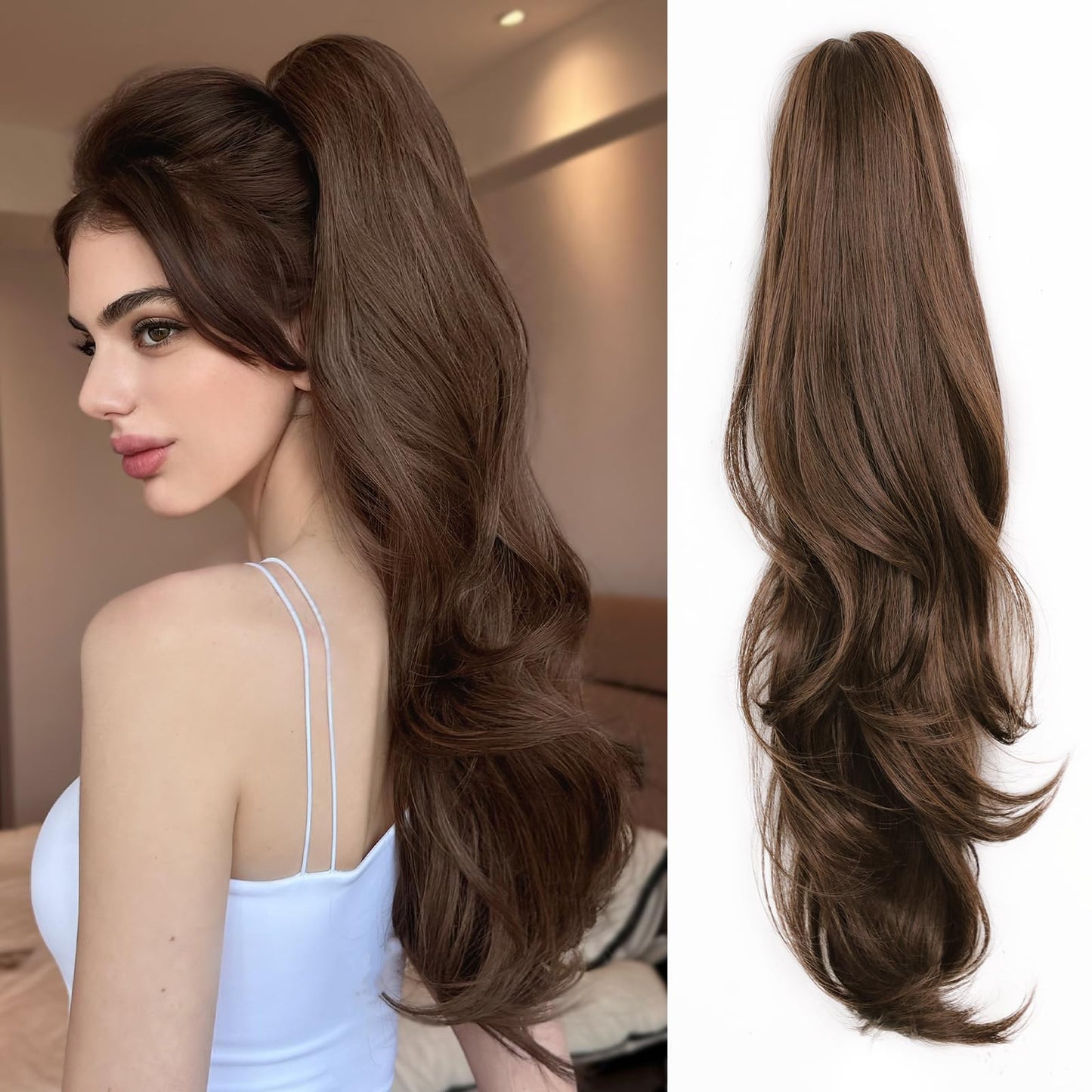XIXISNOW Curly Ponytail Extension for Women 24'' Synthetic Heat Resistant Clip On Ponytails with Claw Clip Fluffy Long Hair Pieces Layered Ponytail Clips Extensions Party Daily Use(Brown,7.5OZ)