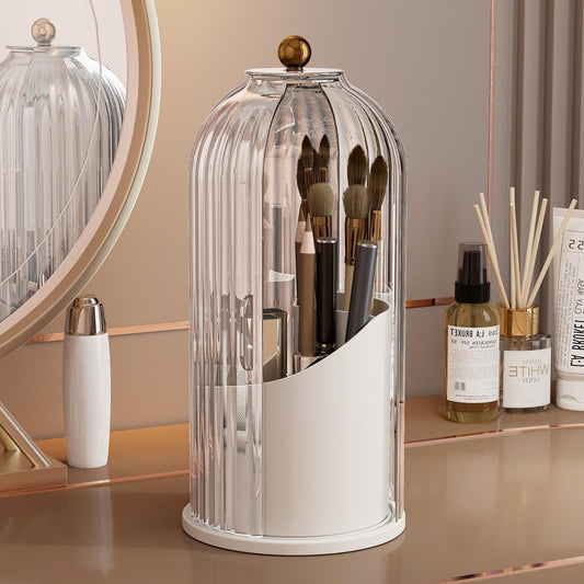 Dimmeda Makeup Brush Holder Organizer with Lid, 360° Rotating Dustproof & Waterproof Makeup Brushes Organizer for Vanity and Bathroom, Cosmetics Make up Brush Organizer (Clear)