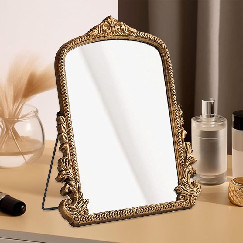 Small Gold Vintage Vanity Mirror with Wooden Frame - 11.8x9.6 Inch Tabletop Makeup Mirror