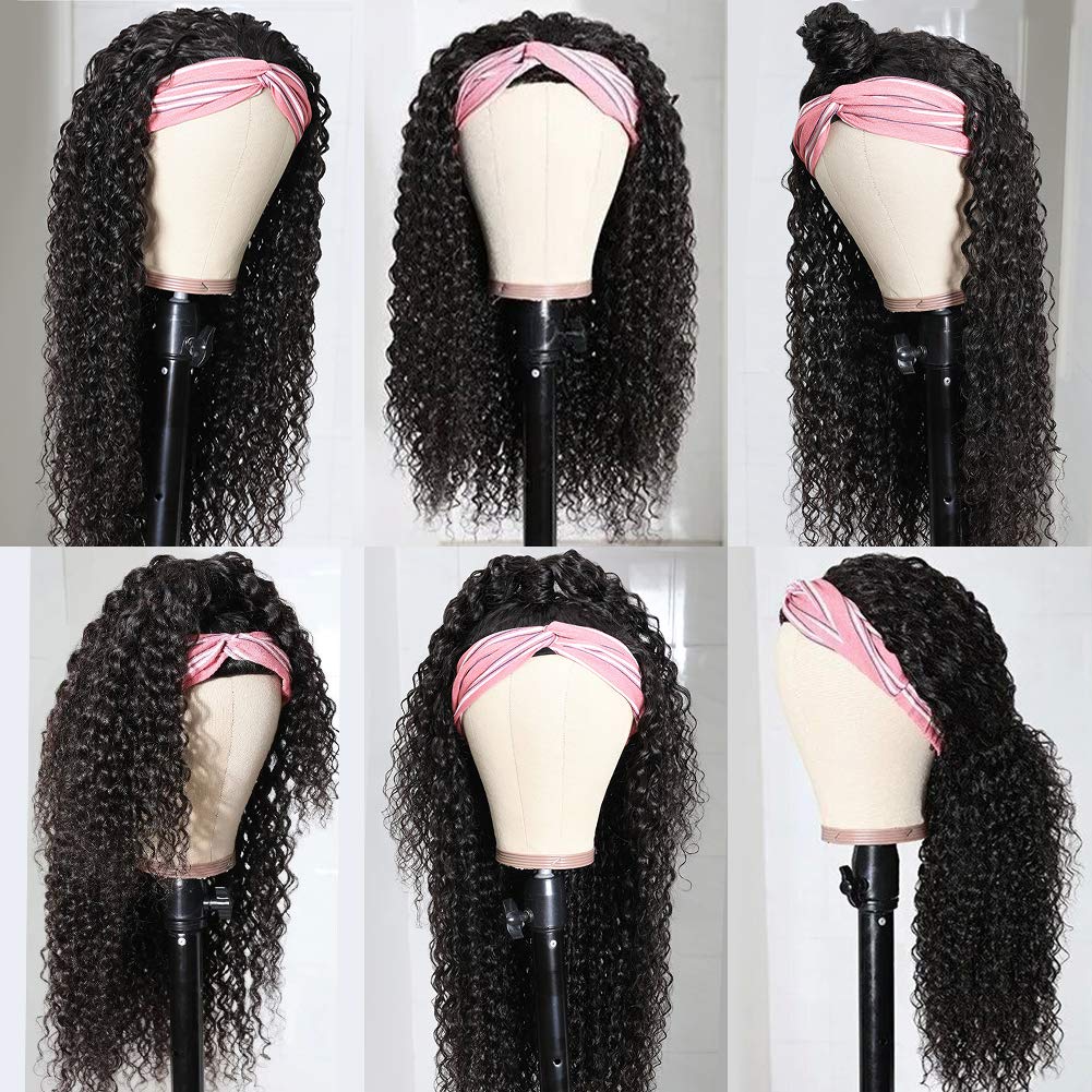 Eooma Curly Headband wig Human Hair 16 inch No Gel Kinky Curly Headband Wigs for Black Women 180 Density Scarf None Lace Front Wigs Human Hair
