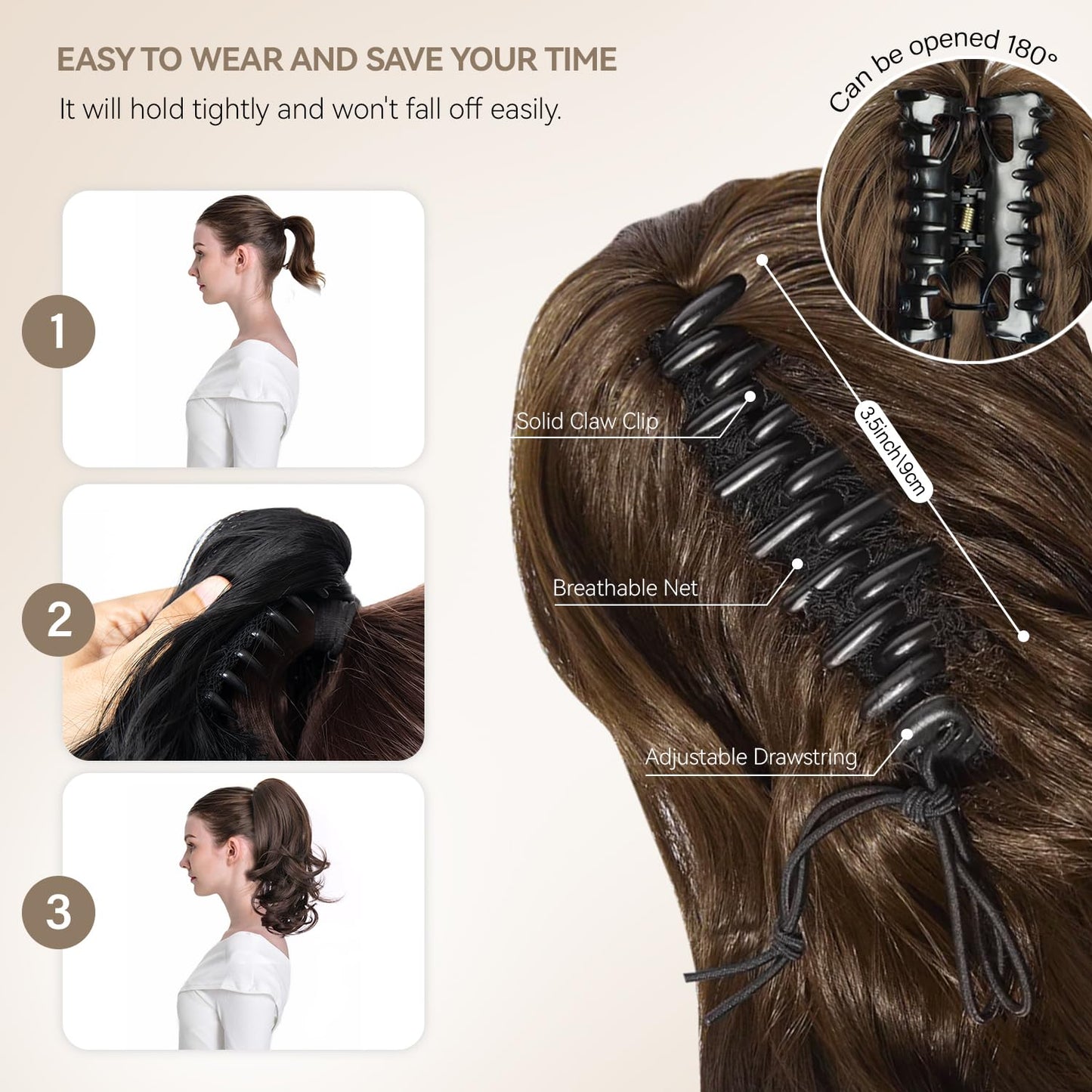 Clip on Ponytails for Women - 14 Inch Curly Ponytail Extension, Wavy Pony Tails Hair Extensions, Synthetic Hair Extensions Ponytail, Clip in Ponytail (Color: Dark Brown with Honey Blonde Highlights)