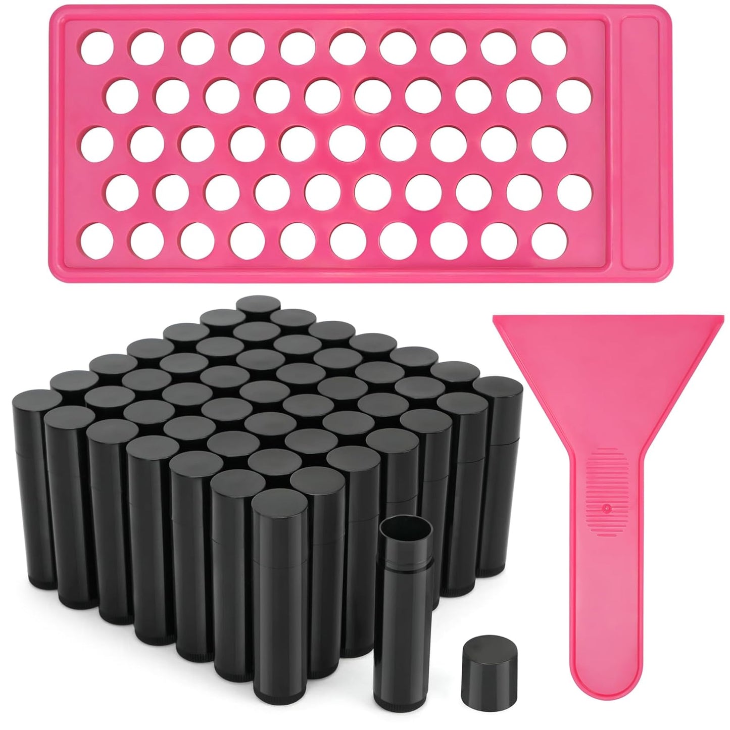 50 Pack Black Lip Balm Tubes with Filling Tray & Spatula - BPA Free, Leak Proof, DIY Handmade Set
