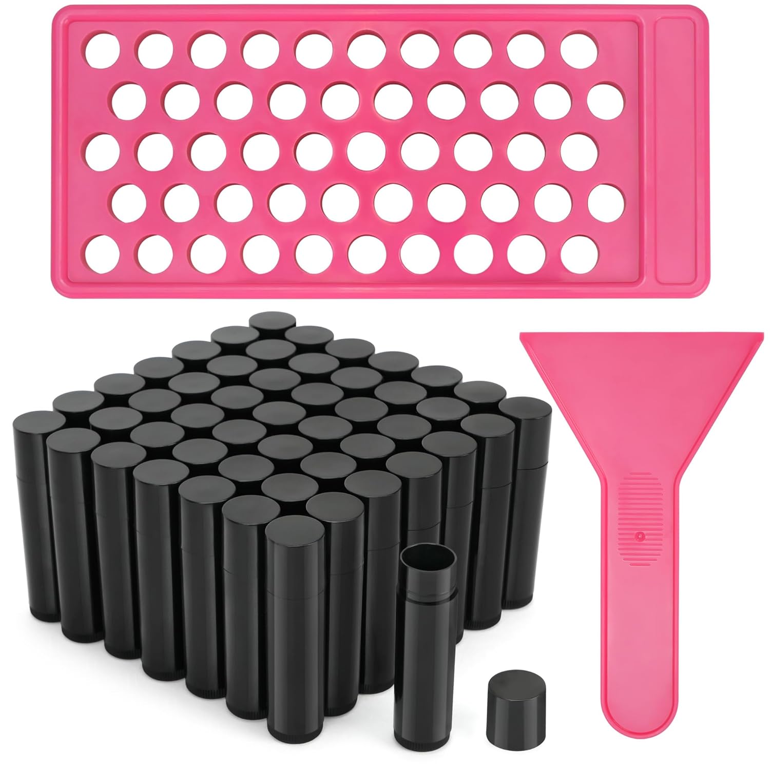 50 Pack Black Lip Balm Tubes with Filling Tray & Spatula - BPA Free, Leak Proof, DIY Handmade Set