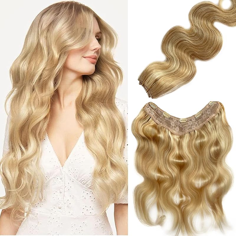 Curly Clip-In Hair Extensions 16 Inch V-Shape Balayage Honey Blonde to Platinum Blonde - 10A Real Human Hair, 5-Clip Weft