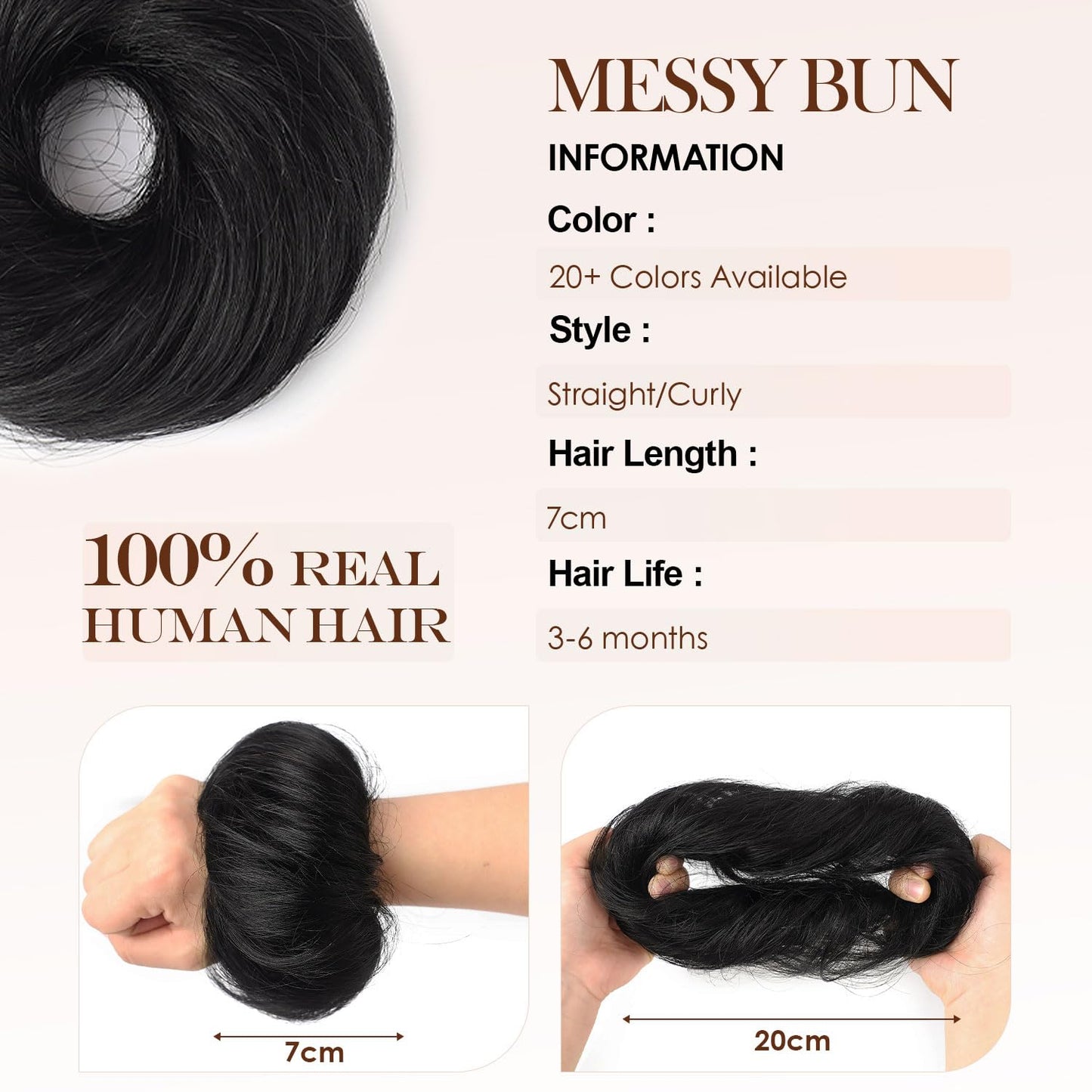 Fullart Messy Bun Hair Piece Human Hair #1 Jet Black 2 Count Wavy Tousled Smooth Stretchy Fluffy Donut Updo Elastic Rubber Band Human Hair Bun Extension Chignons Scrunchies