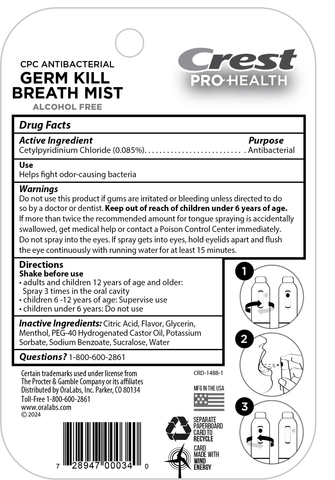 Crest Pro-Health | Portable Alcohol-Free CPC Mist with Clean Mint Flavor | Instant Fresh Breath - 3 Count (0.24oz/7ml) Breath Spray