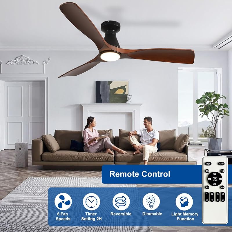 Depuley 52-Inch Walnut LED Ceiling Fan with Light - Remote, Dimmable, 6 Speeds, Sleep Timer