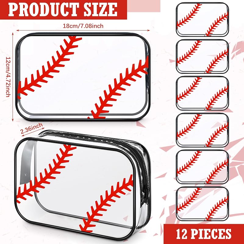 Baseball Theme Clear Makeup Bags (12 Pcs) PVC Zipper Pouches – Abbylike Variation: Baseball Theme