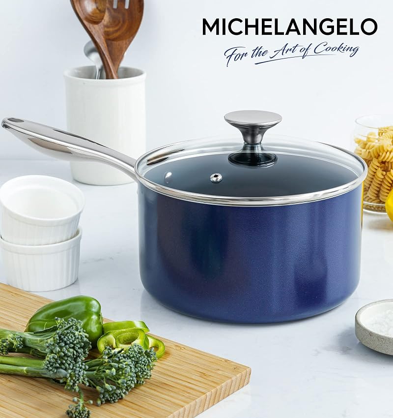 Ceramic Nonstick Sauce Pan Set 1 Qt + 2 Qt + 3 Qt with Lids - Blue