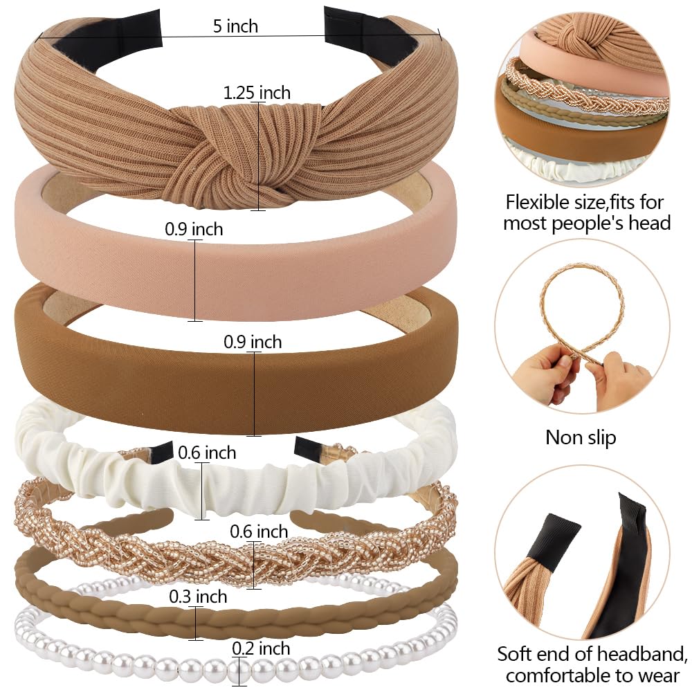 AHONEY 7 Pack Headbands for Women Girls Headbands Trendy Non Slip Hairbands Fashion Hair Accessories Multi-style Headband Pack Diademas Para Mujer (Neutral)