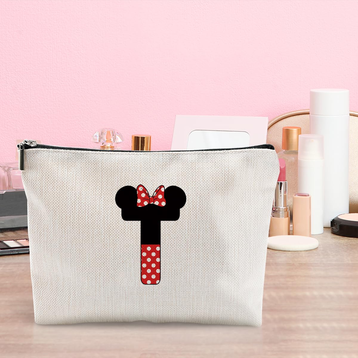Initial A-Z Personalized Makeup Bag Cute Cartoon Mouse Gifts Monogrammed Cosmetic Bags Magic Mouse Stuff Mouse Lover Gifts Birthday Gifts for Women Girls (T)