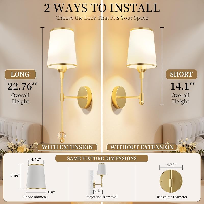 Gold Wall Sconces Set of Two - Battery Operated LED Wall Lighting (Variation: Gold)