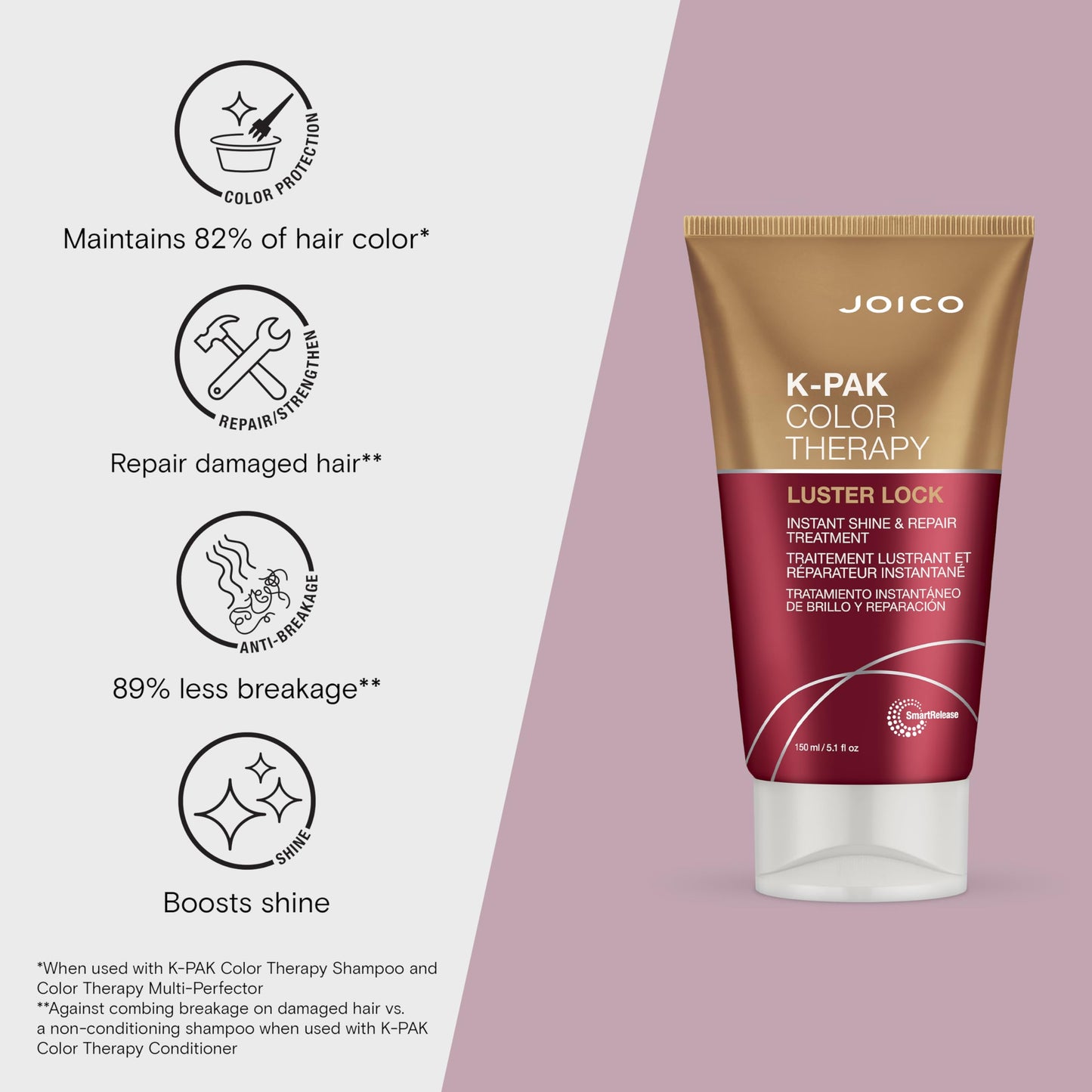 Joico K-PAK Color Therapy Luster Lock Instant Shine & Repair Treatment | For Color-Treated Hair | Boost Color Vibrancy | Repair Breakage | With Keratin & Argan Oil | 5.1 Fl Oz