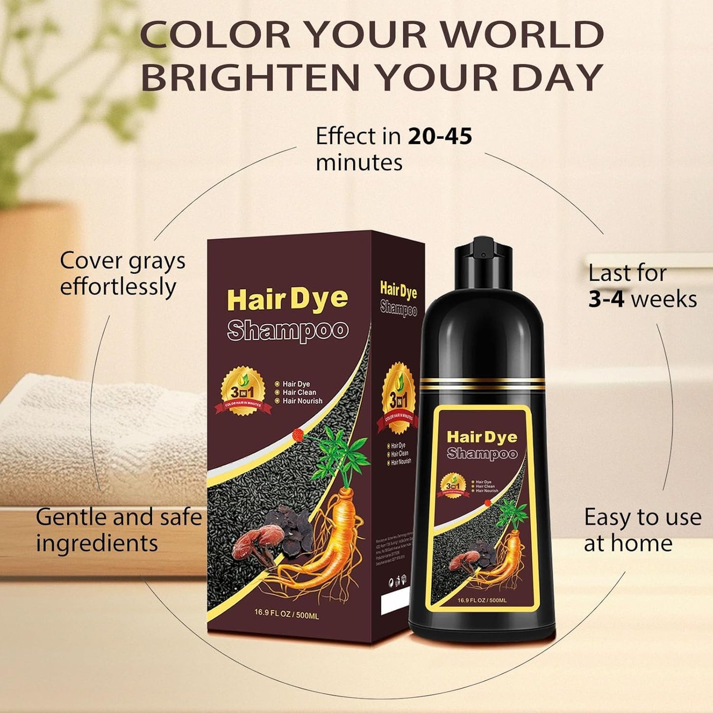 Natural Dark Coffee Hair Dye Shampoo 3-in-1 for Long-Lasting Gray Coverage - 16.9 Fl Oz
