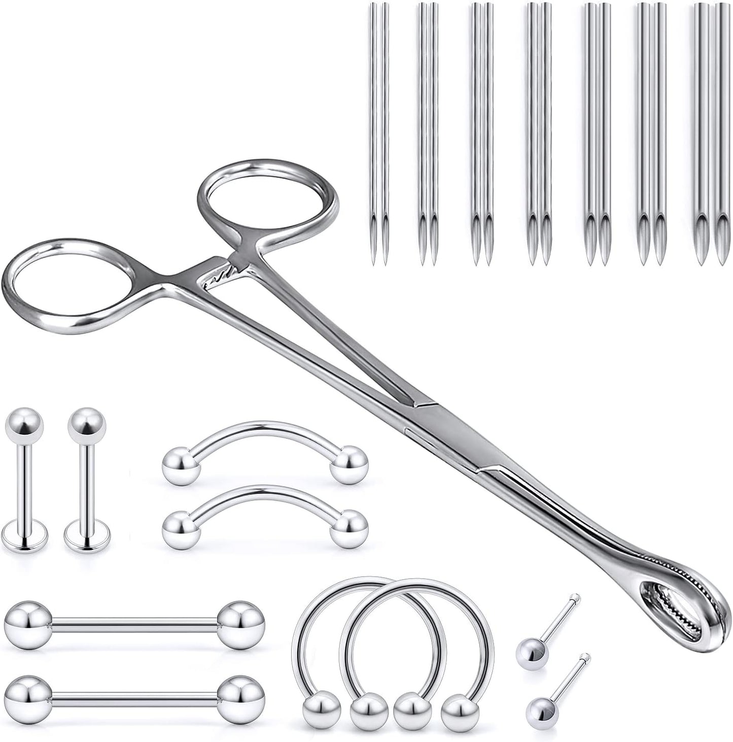 316L Surgical Steel Body Piercing Tools Kit - 9 Styles for Nose, Septum, Lip, Tongue & More