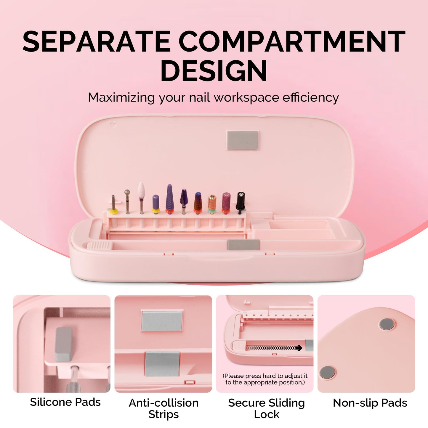 [2025 Upgraded]MelodySusie Acrylic Nail Tool Storage Box,Portable Dustproof Stand Displayer Holder Organizer Container Manicure Efile Accessories Nail Drill Kit Case,Travel Salon Home,Pink(Only Box)