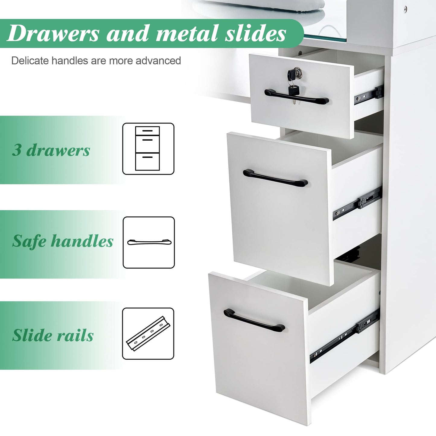 BarberPub Manicure Table with Drawers, Storage Shelves Spa Beauty Salon Station Nail Desk 2673, 45*60*19 inch (White)