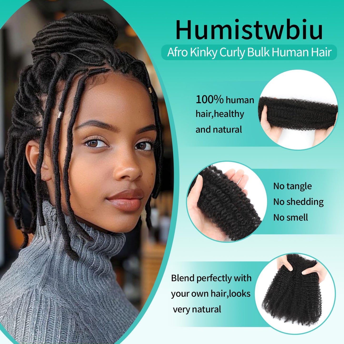 Humistwbiu Afro Kinkys Bulk Human Hair for Dreadlocks Extensions Repair Locs/Twists/Braids 4C Afro Kinky Curly Human Hair 1 Pack 50 Gram Nature Black Color 16 Inch