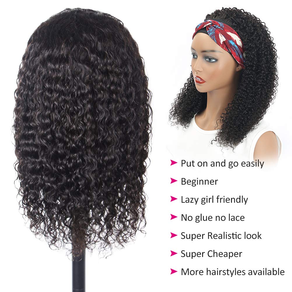 Eooma Curly Headband wig Human Hair 16 inch No Gel Kinky Curly Headband Wigs for Black Women 180 Density Scarf None Lace Front Wigs Human Hair