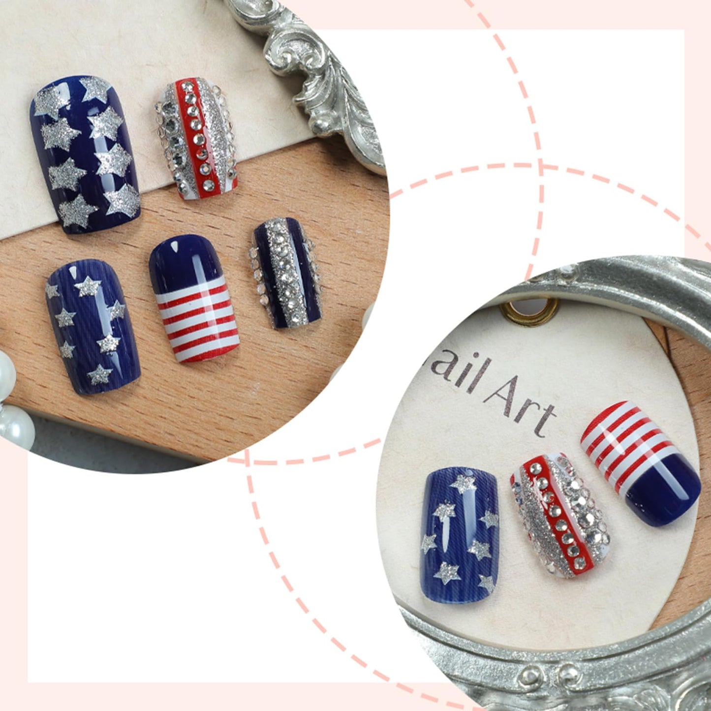 24Pcs Royal Blue Press on Nails Independence Day Medium Square Fake Nails 4th of July Stick on Fingernails Glossy American Flag Star Acrylic False Nails Fourth of July Glue on Nail for Women