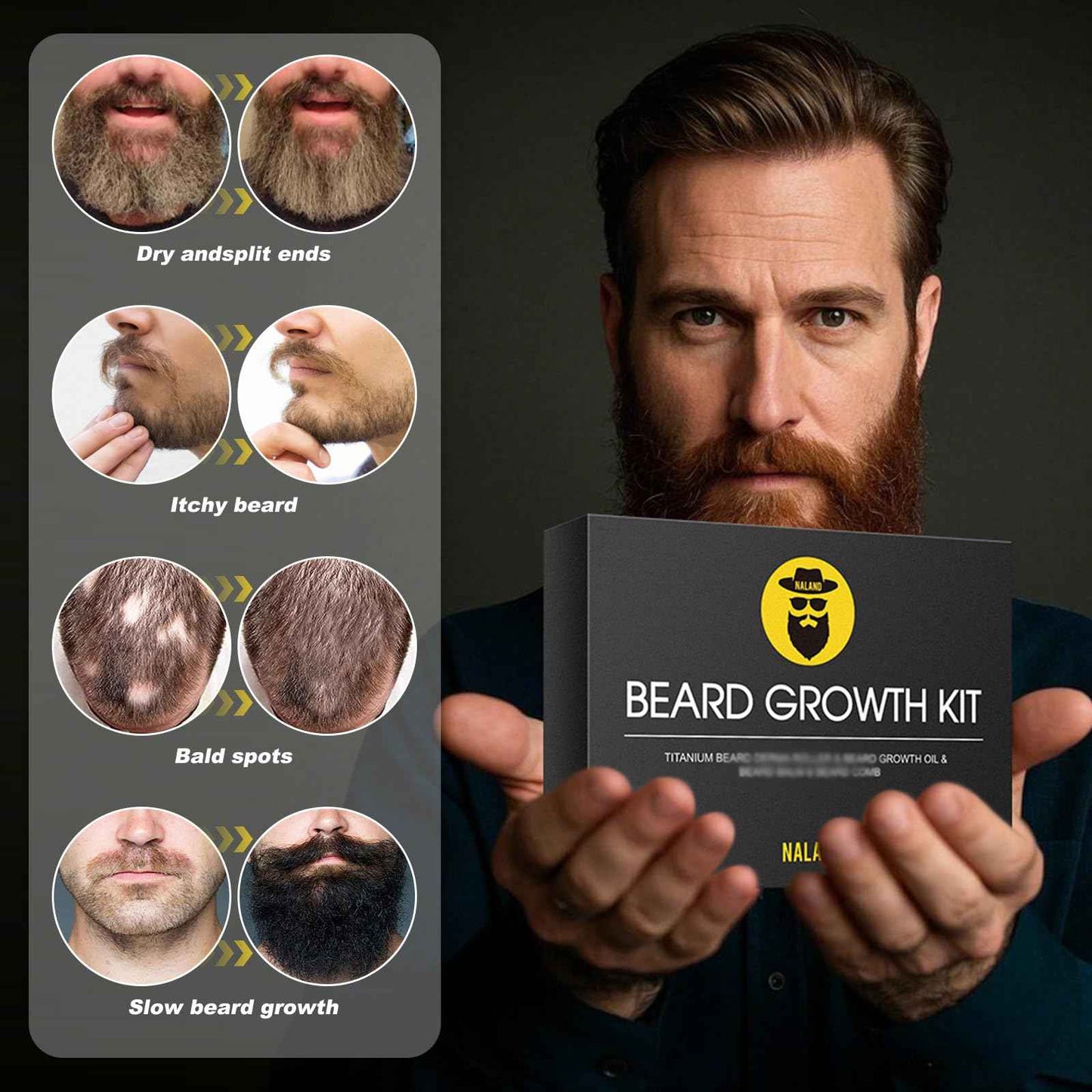 Beard Growth Kit - Beard Kit for Men with Beard Growth Oil (2oz), Beard Balm, Beard Comb, Massager for Spot/Patchy Beard - Christmas, Anniversary, Birthday for Men, Dad, Husband, Boyfriend