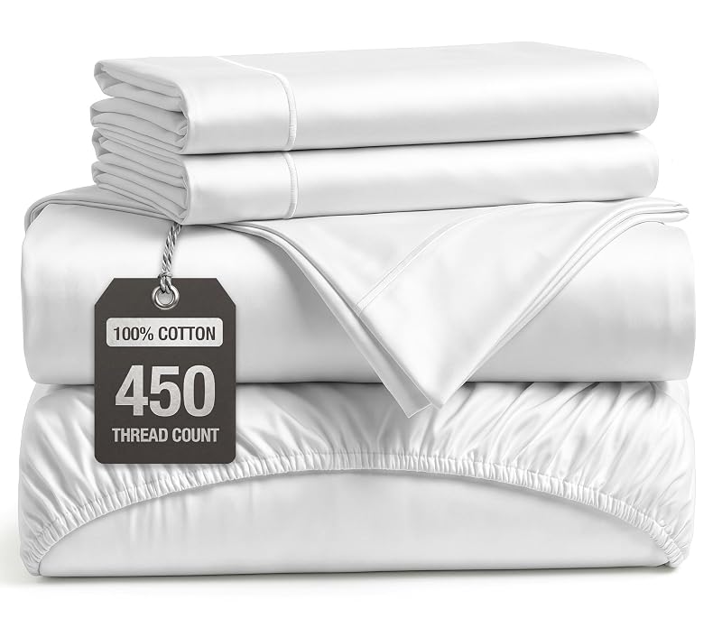 Lane Linen 450TC 100% Cotton Sateen King Sheets – White, Hotel Quality, 15" Deep Pocket (Variation: White+King)