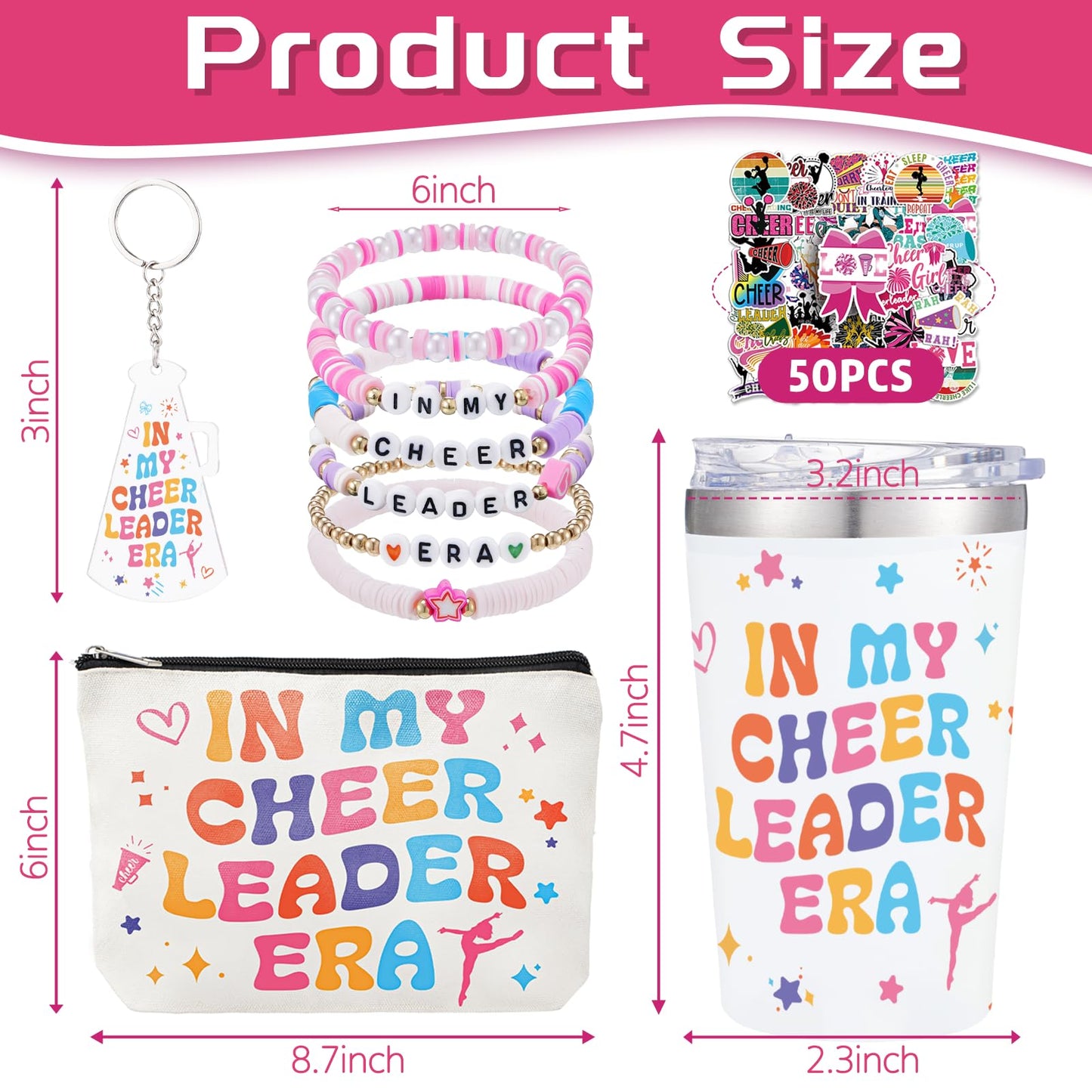 WGXX 5Pcs Cheerleader Gifts Set for Women Including 12oz Cheer Tumbler, Makeup Bags, 5 Cheerleading Bracelet, Stickers, Keychain for Cheer Team & Lovers
