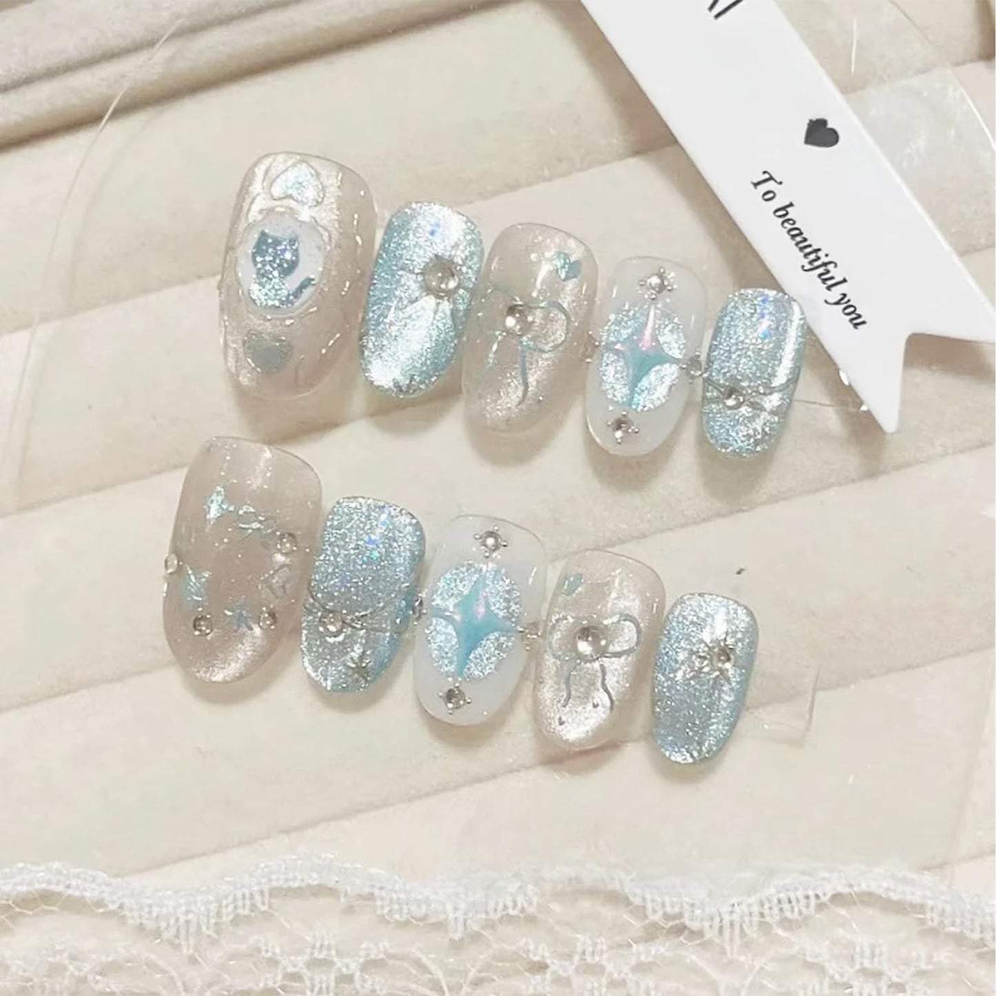 30pcs Blue Press on Nails Short Almond Fake Nails with 3D Gold Bow Heart Star Acrylic Nails Designs Blue Cute Cat False Nails Glue on Nails Glitter Full Cover Stick on Nails for Women Nail Decoration