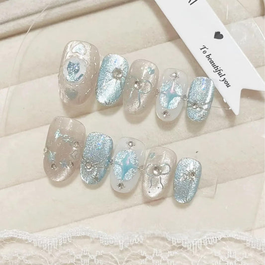 30pcs Blue Press on Nails Short Almond Fake Nails with 3D Gold Bow Heart Star Acrylic Nails Designs Blue Cute Cat False Nails Glue on Nails Glitter Full Cover Stick on Nails for Women Nail Decoration