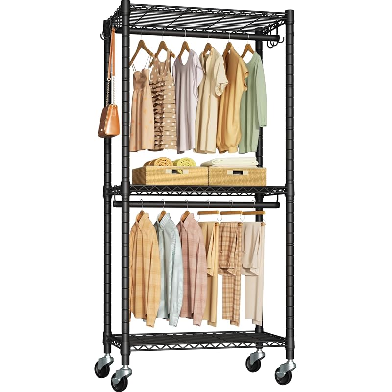 FUTASSI P3 Mini Heavy-Duty Rolling Clothes Rack – 3-Tier Adjustable Garment Rods, 430 lb Capacity, Black
