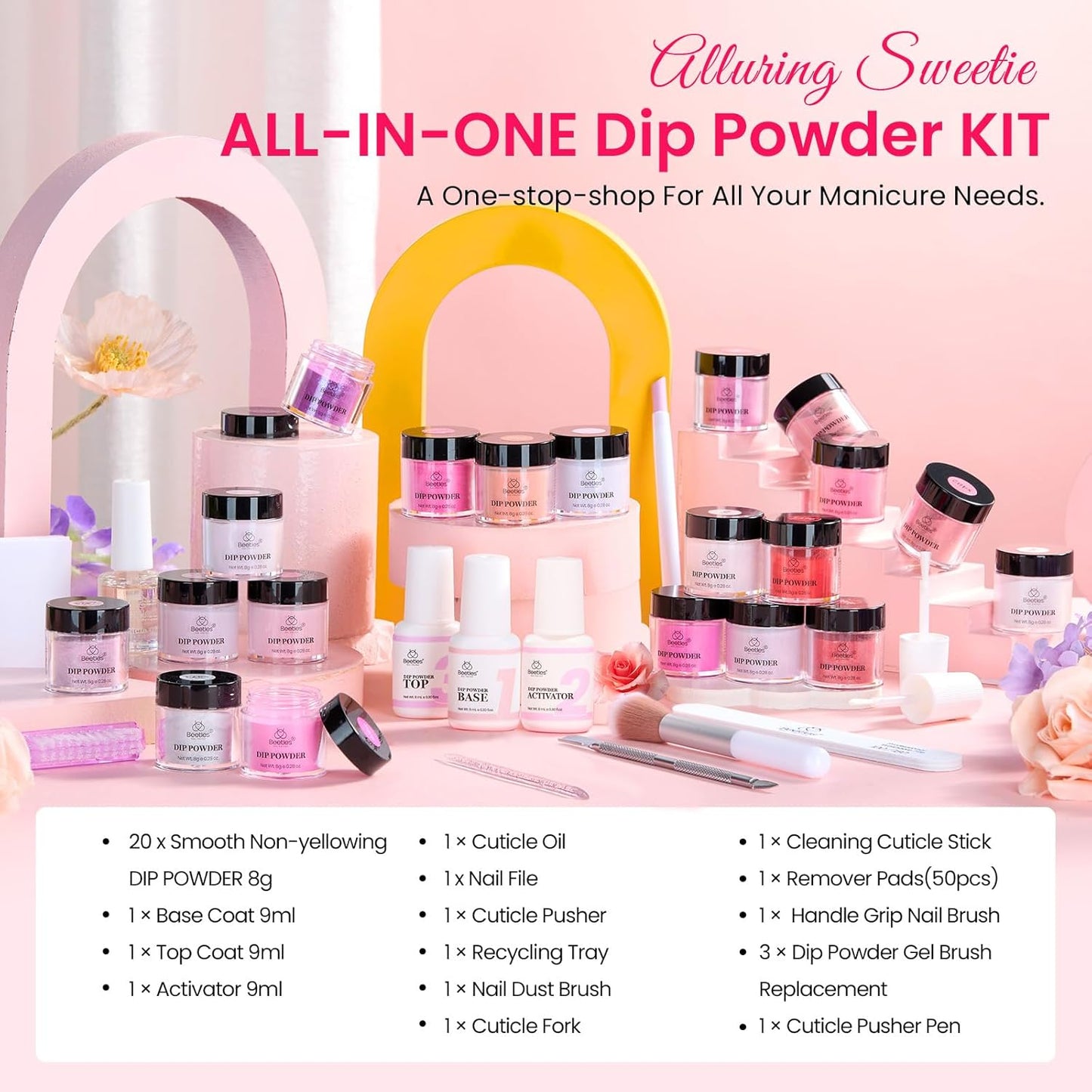 Beetles 20-Color Pink Nude Dip Powder Nail Kit - Jelly Effect & Glitter for DIY Manicure