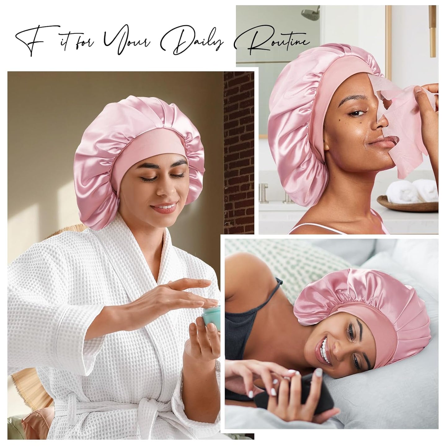 22 Momme Mulberry Silk Bonnet for Women - Double-Sided Non-Slip Sleep Cap for Long Curly Hair, Adjustable Band, Ebony