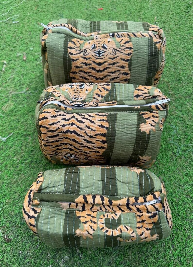 YILLE Quilted Toiletry Bags Set of 3 - Dark Green Fat Tiger, Travel Organizer Pouches