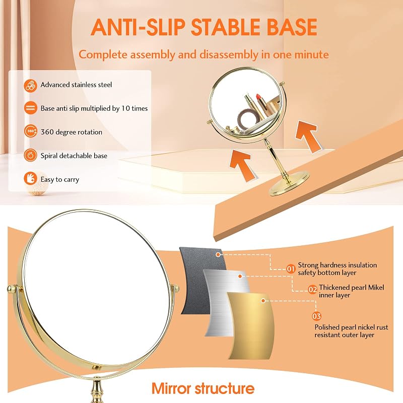 Ohotecy 8" Dual-Sided Tabletop Makeup Mirror with 10x Magnification - Chrome Finish, Variation: Gold