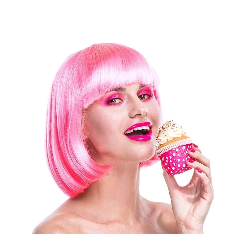 Hot Pink Bob Cosplay Wig with Bangs 6Pcs & Heart Sunglasses - Halloween Party Set
