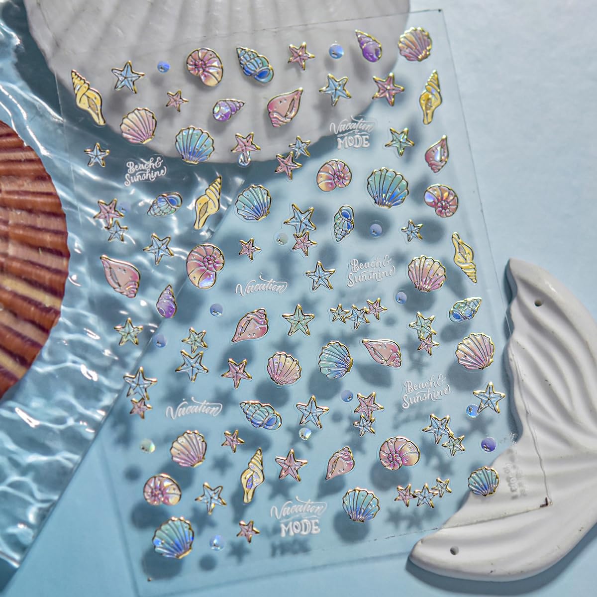 1 Sheet Marine Life Nail Stickers Shell Light Nail Design Stickers 5D Embossed Starfish Shell Self-Adhesive Nail Decal Acrylic Nails Art Supplies for Women DIY Summer Manicure Decoration
