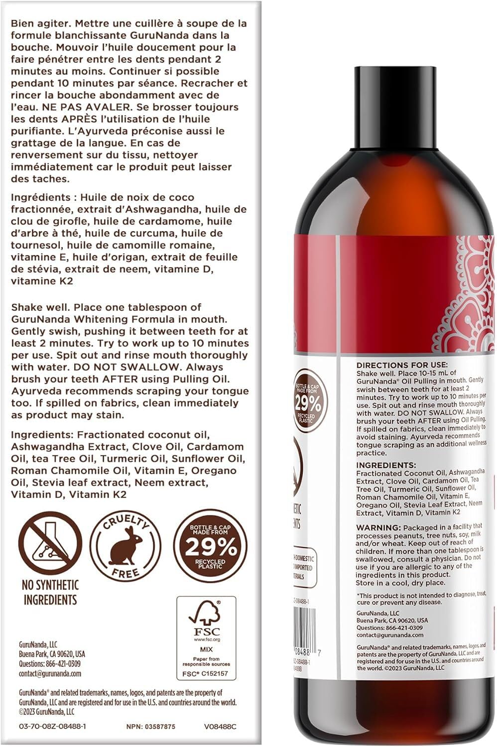 GuruNanda Ashwagandha Oil Pulling Mouthwash, Promotes Calmness, With Neem & Roman Chamomile for Fresh Breath & Happy Gums, Alcohol-Free, With Toothbrush & Tongue Scraper, 8 Oz