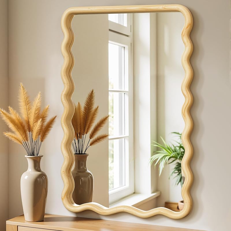 Wavy Wood Bathroom Vanity Mirror 24x36 in - Natural Frame, Vertical Wall Mount (Variation: Natural)