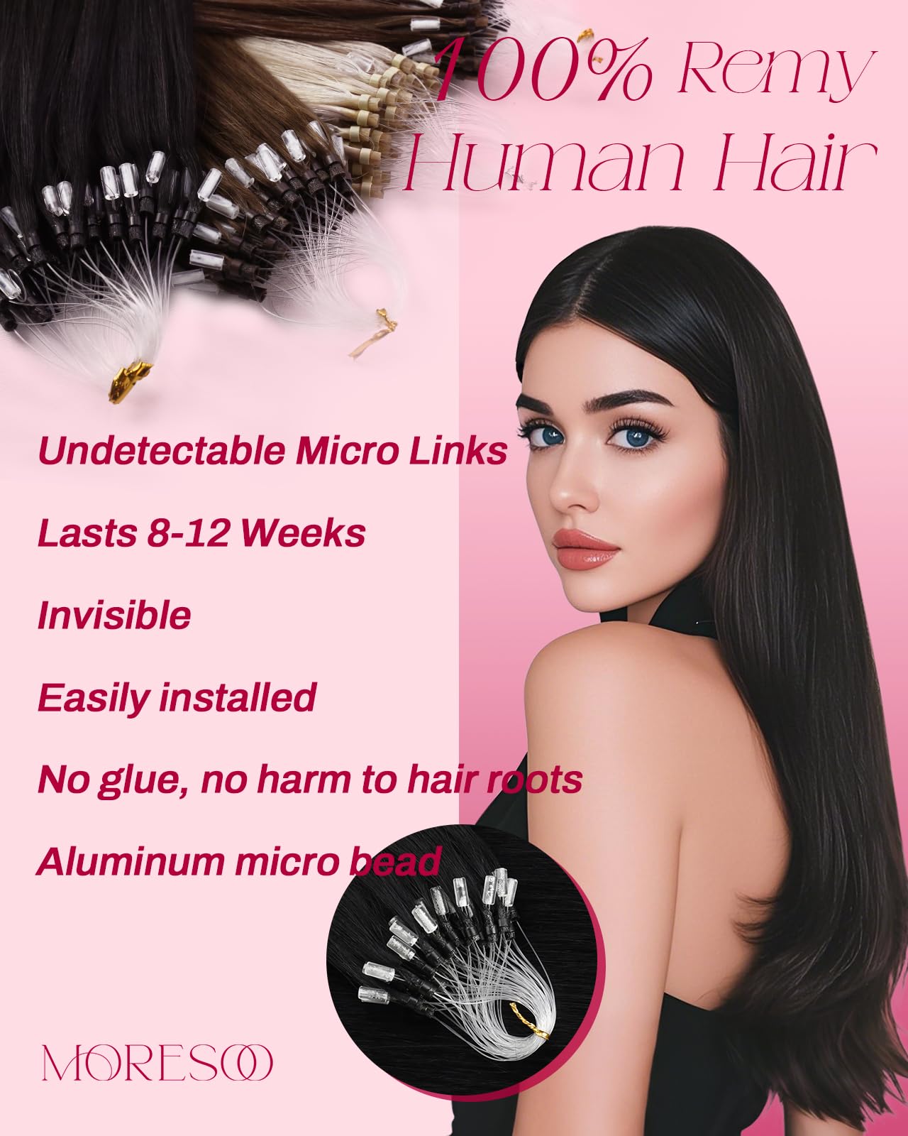 Moresoo Micro Loop Hair Extensions Real Human Hair Jet Black Micro Beads Extensions Human Hair 16 inch Micro Link Hair Extensions Human Hair Black 50G/50S