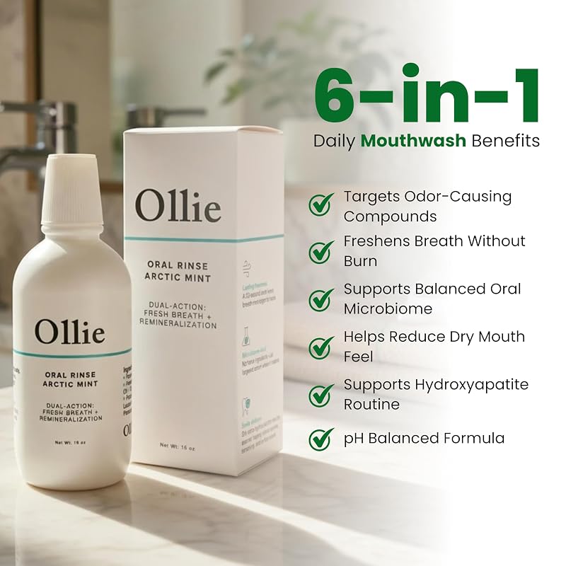 Ollie Arctic Mint Mouthwash 16 Fl Oz, 3% Nano Hydroxyapatite, Alcohol-Free