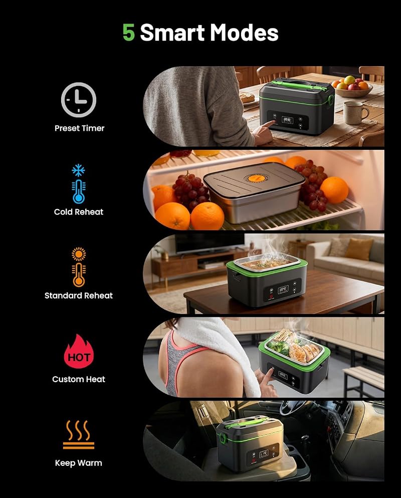 TaskStar Green 100W Cordless Heated Lunch Box with 1.2L Capacity – Scheduled Heating, Leakproof, Battery Operated