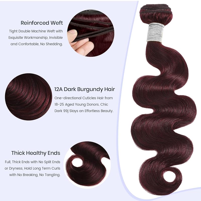 #99j Burgandy Body Wave Hair Bundle 10 Inch 12A Virgin Brazilian Remy Single Bundle