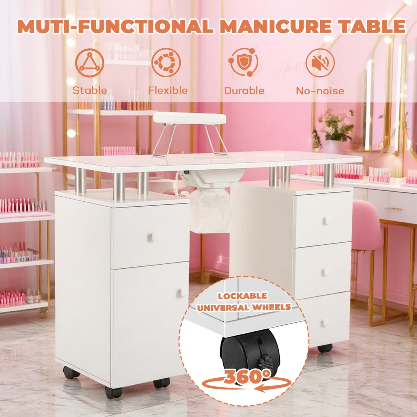 Manicure Table Nail Tech Desk with Electric Dust Collector, Nail Table Station w/Charging Socket, 4 Drawers, Lockable Wheels & 2 Wrist Rests – Professional Nail Station for Salon & Home, Snowy White